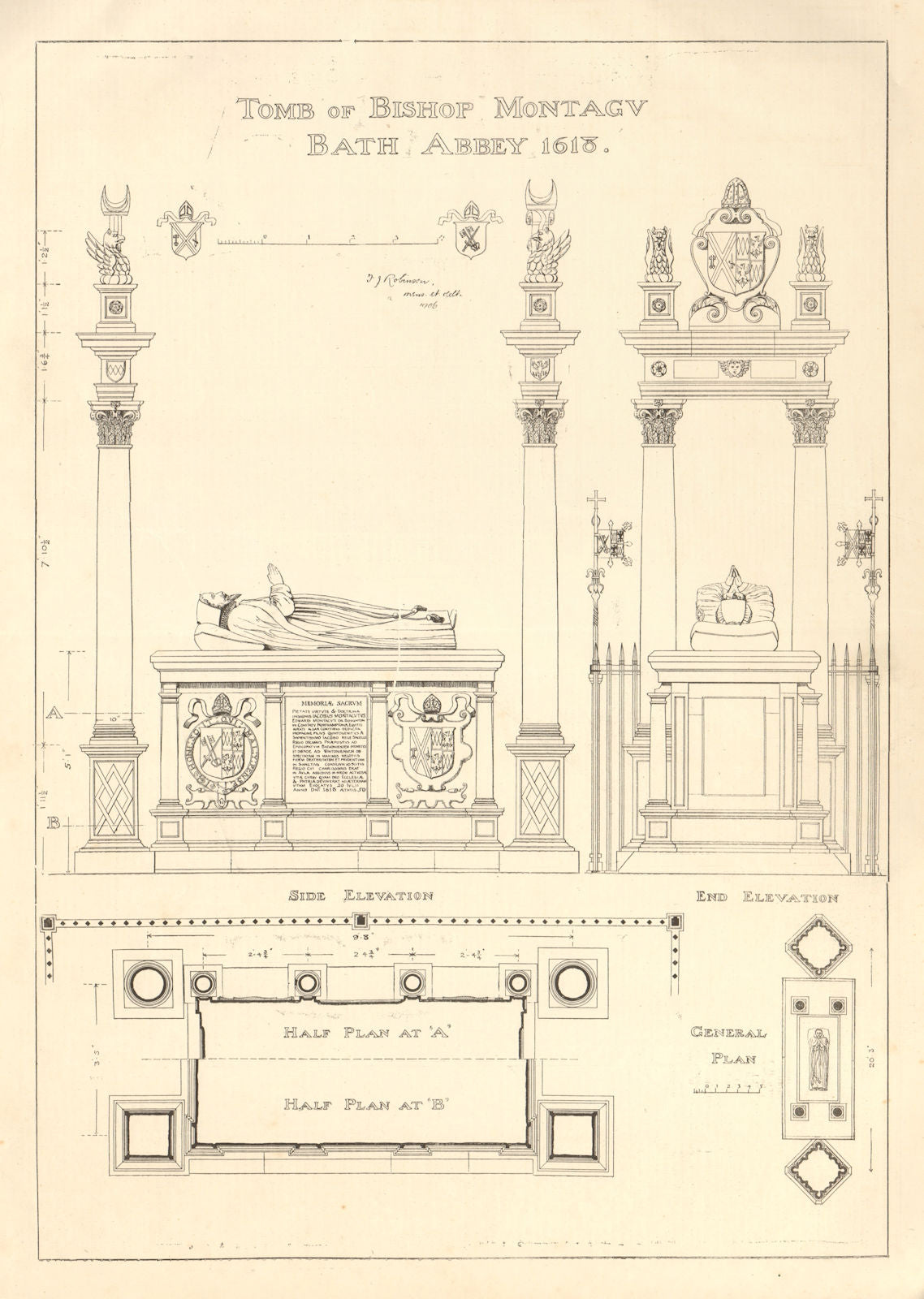 Tomb of Bishop Montagu, Bath Abbey 1618. Plans & elevations 1907 old print